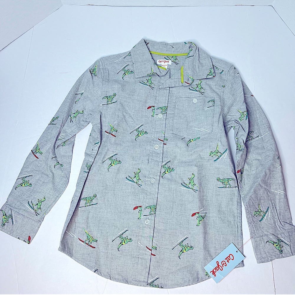 Cat & Jack Boys Collared Long sleeved Grey Shirt Dinosaur Pattern Size Med NEW!